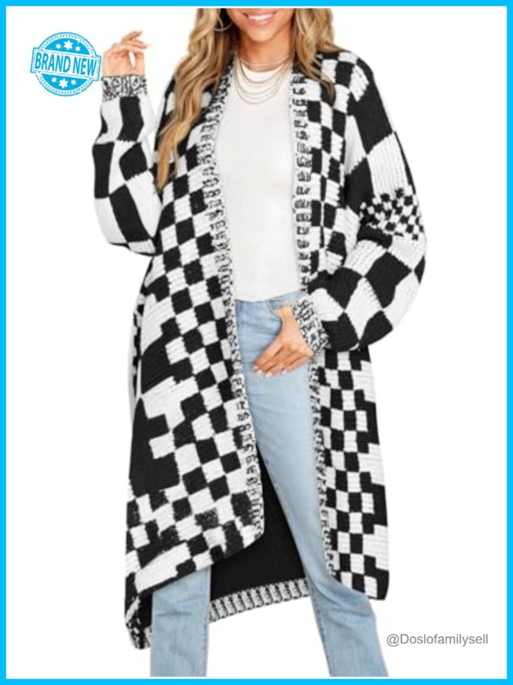 Oversized Checkered Open Front Batwing Cardigan Chunky Knit Sweater